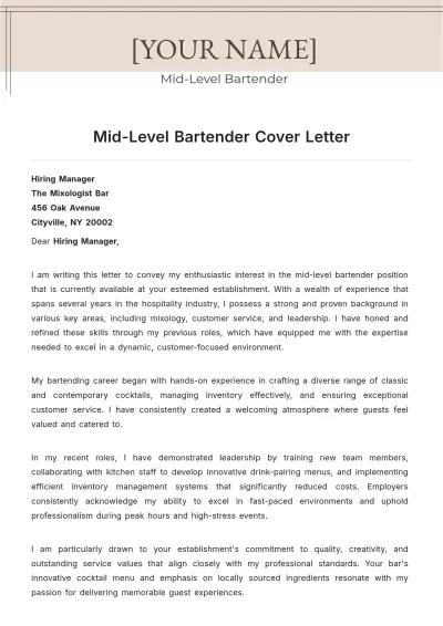 Free Mid-Level Bartender Cover Letter to Edit Online