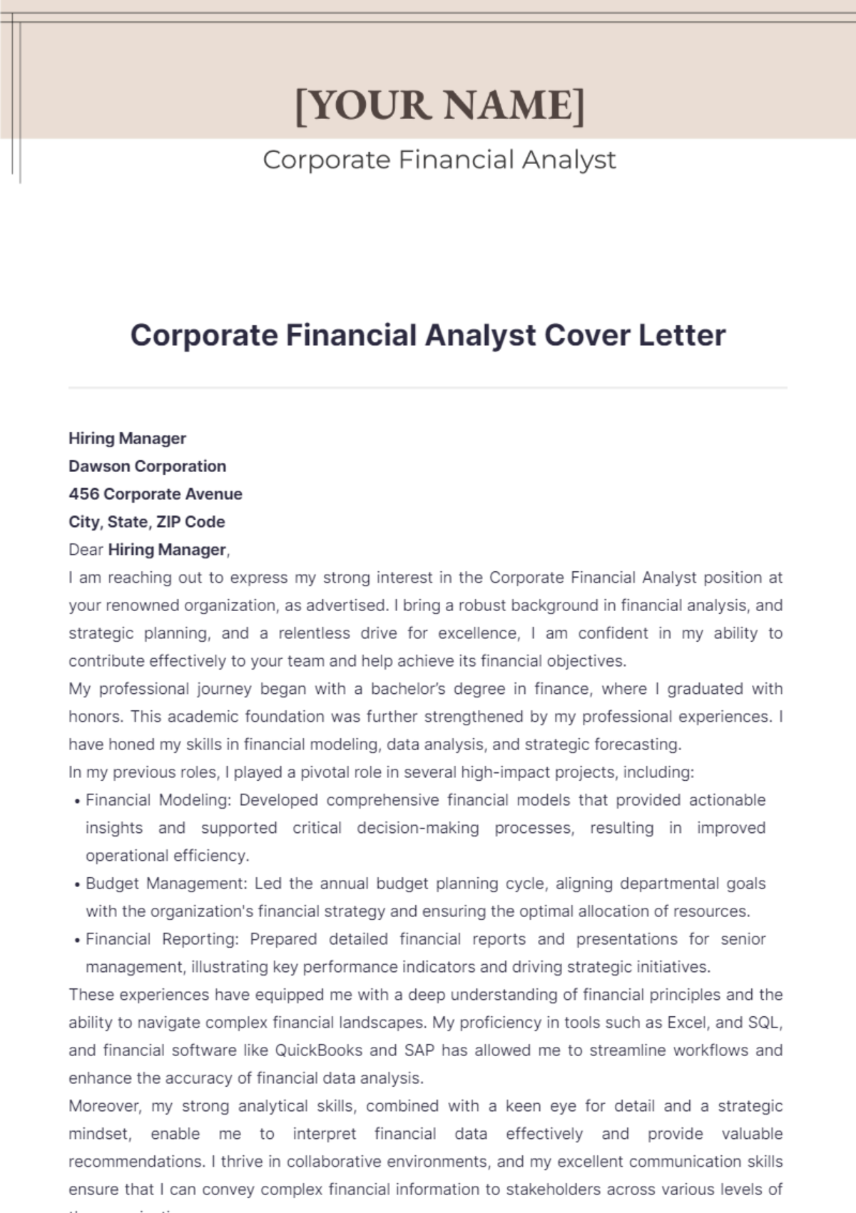 Corporate Financial Analyst Cover Letter - Edit Online & Download