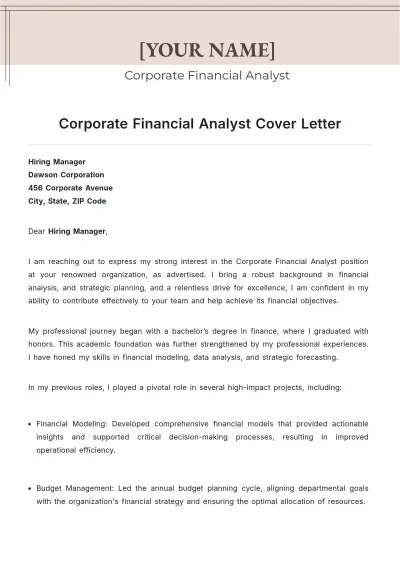 Free Corporate Financial Analyst Cover Letter to Edit Online