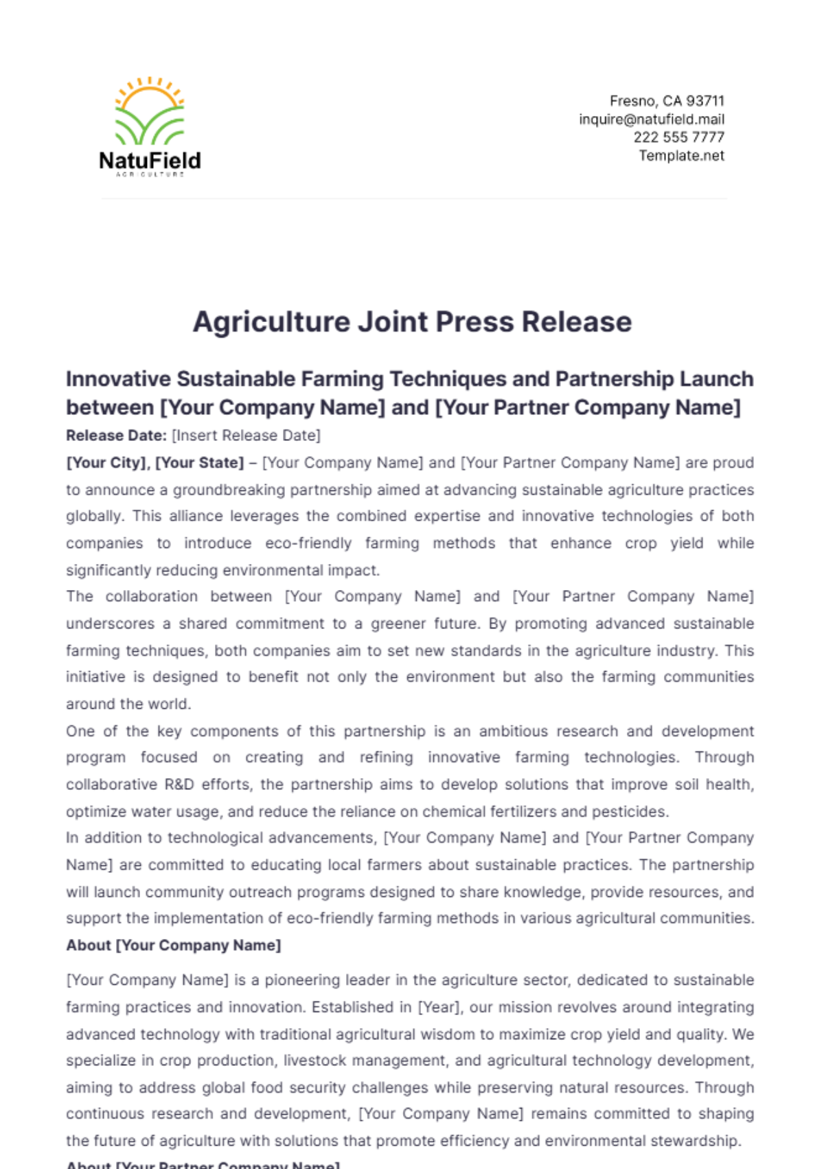 Agriculture Joint Press Release Template