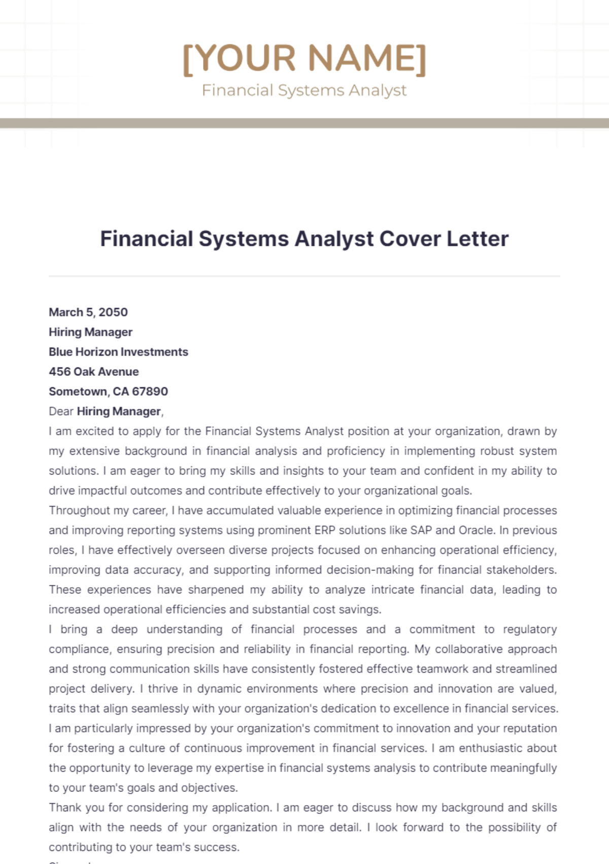 Financial Systems Analyst Cover Letter