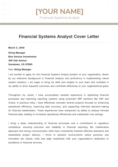 Free Financial Systems Analyst Cover Letter to Edit Online