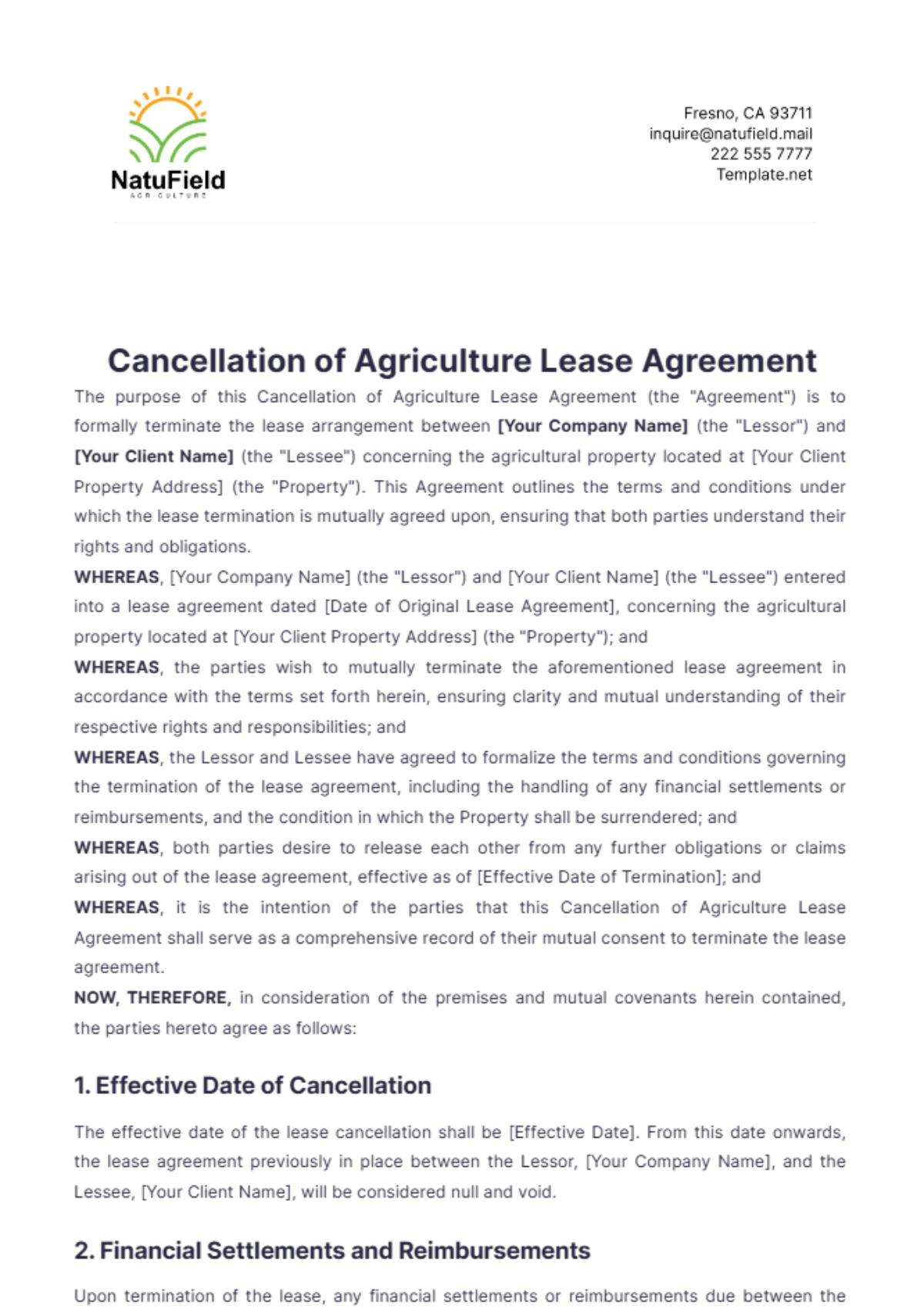 Cancellation of Agriculture Lease Agreement Template - Edit Online & Download