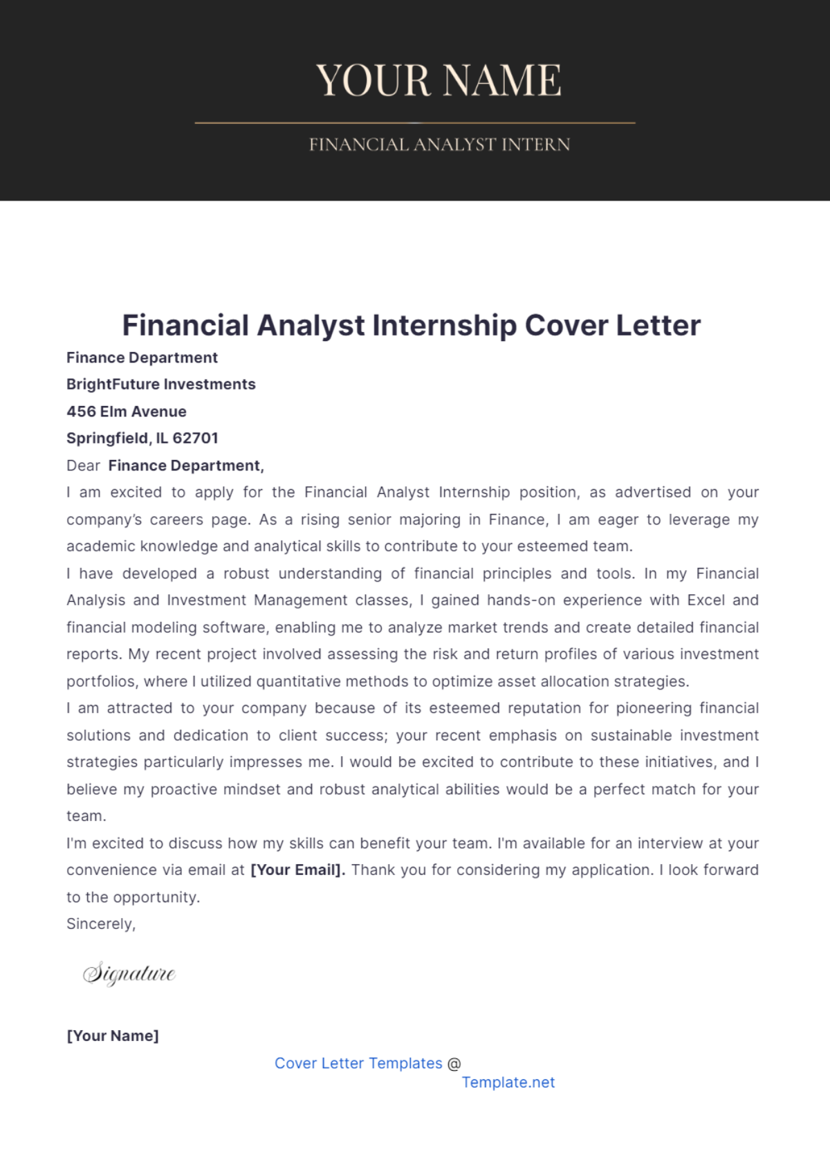 Financial Analyst Internship Cover Letter - Edit Online & Download