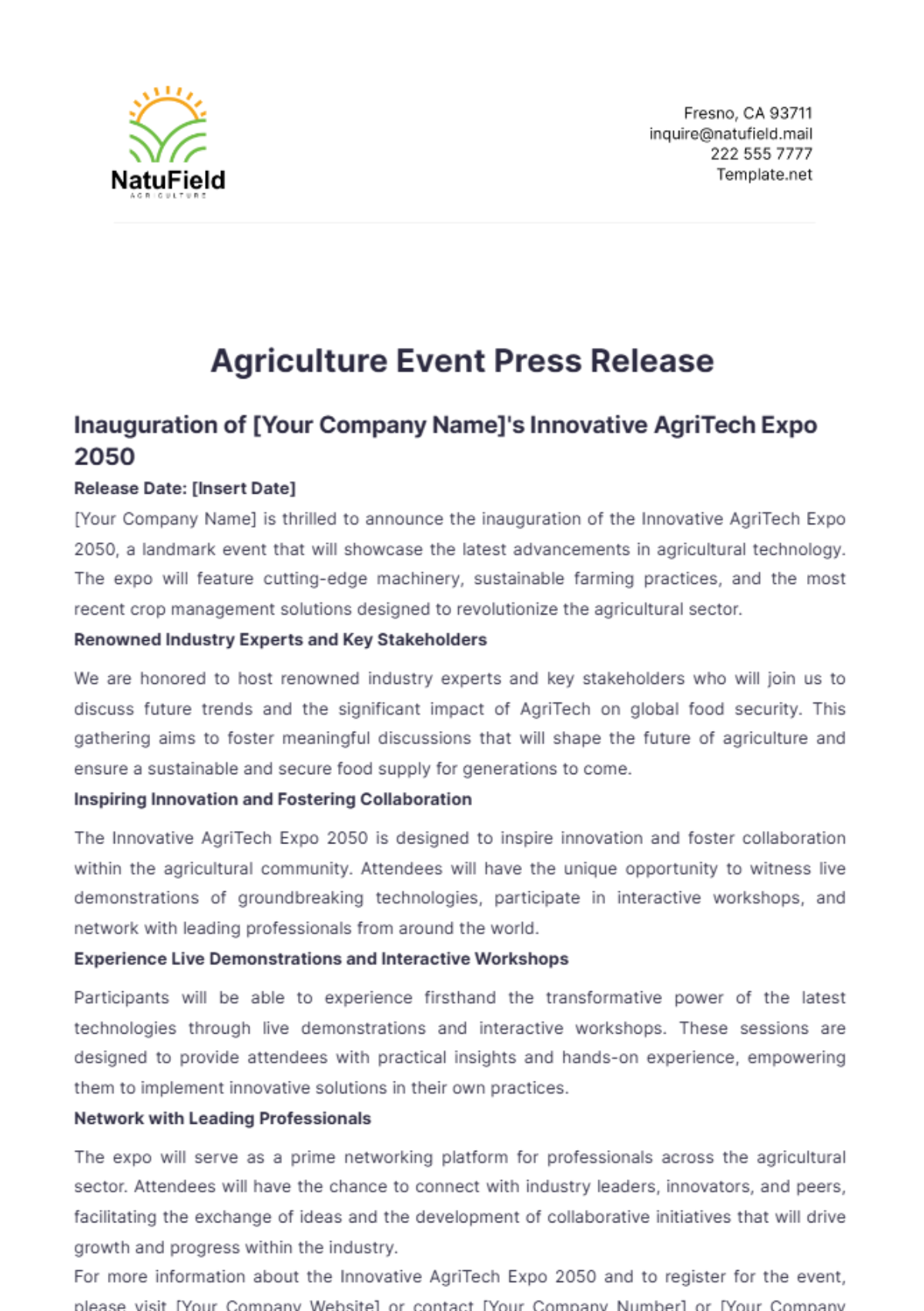 Agriculture Event Press Release Template