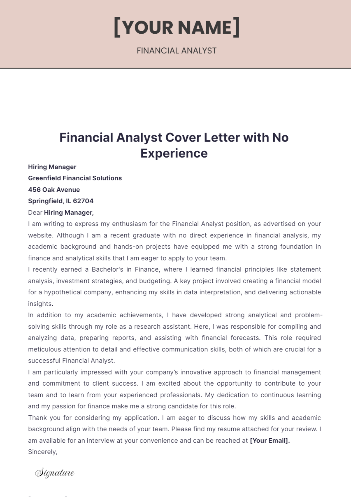 Financial Analyst Cover Letter with No Experience