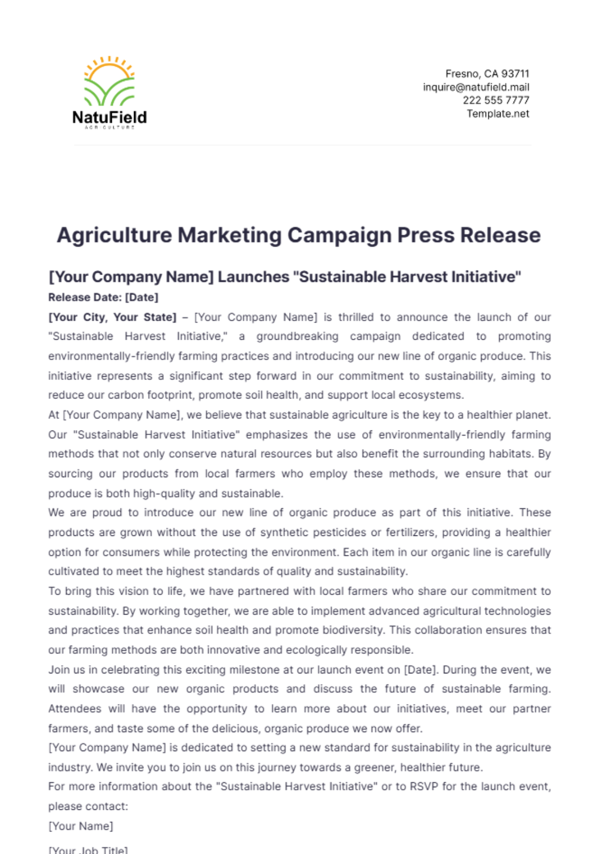 Agriculture Marketing Campaign Press Release Template