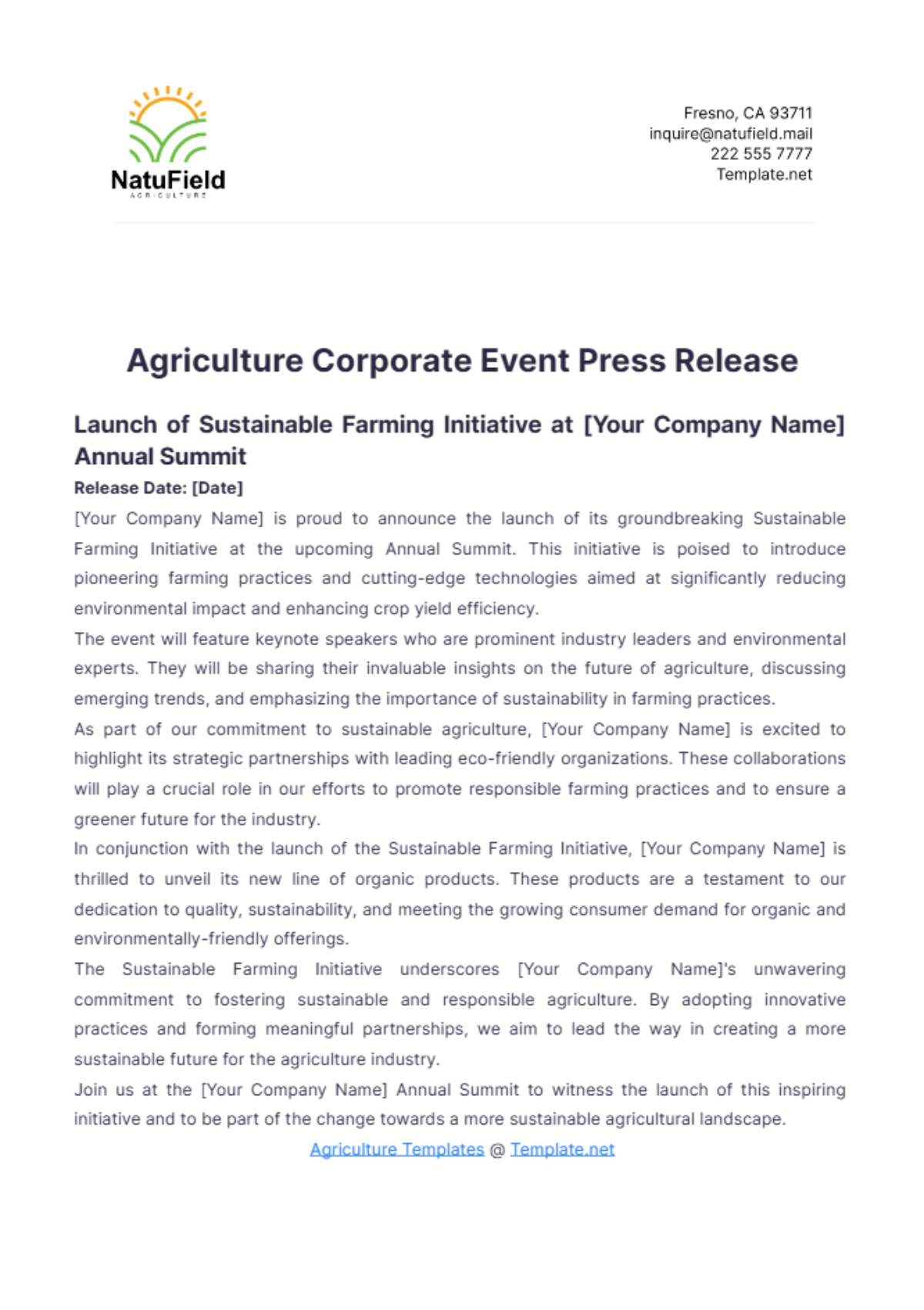 Agriculture Corporate Event Press Release Template - Edit Online & Download