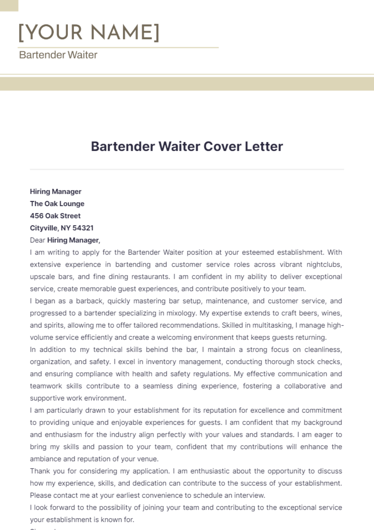 Bartender Waiter Cover Letter - Edit Online & Download