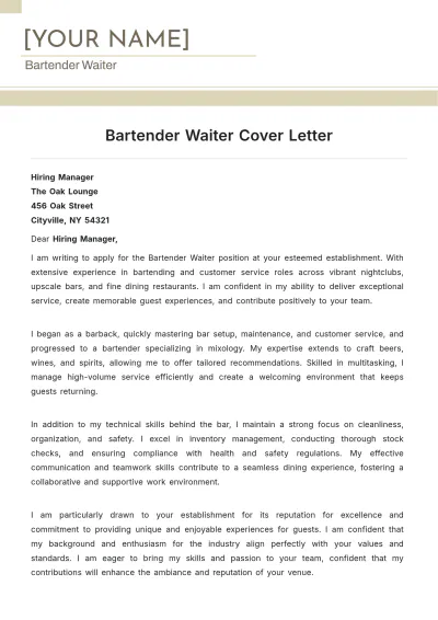 Free Bartender Waiter Cover Letter to Edit Online
