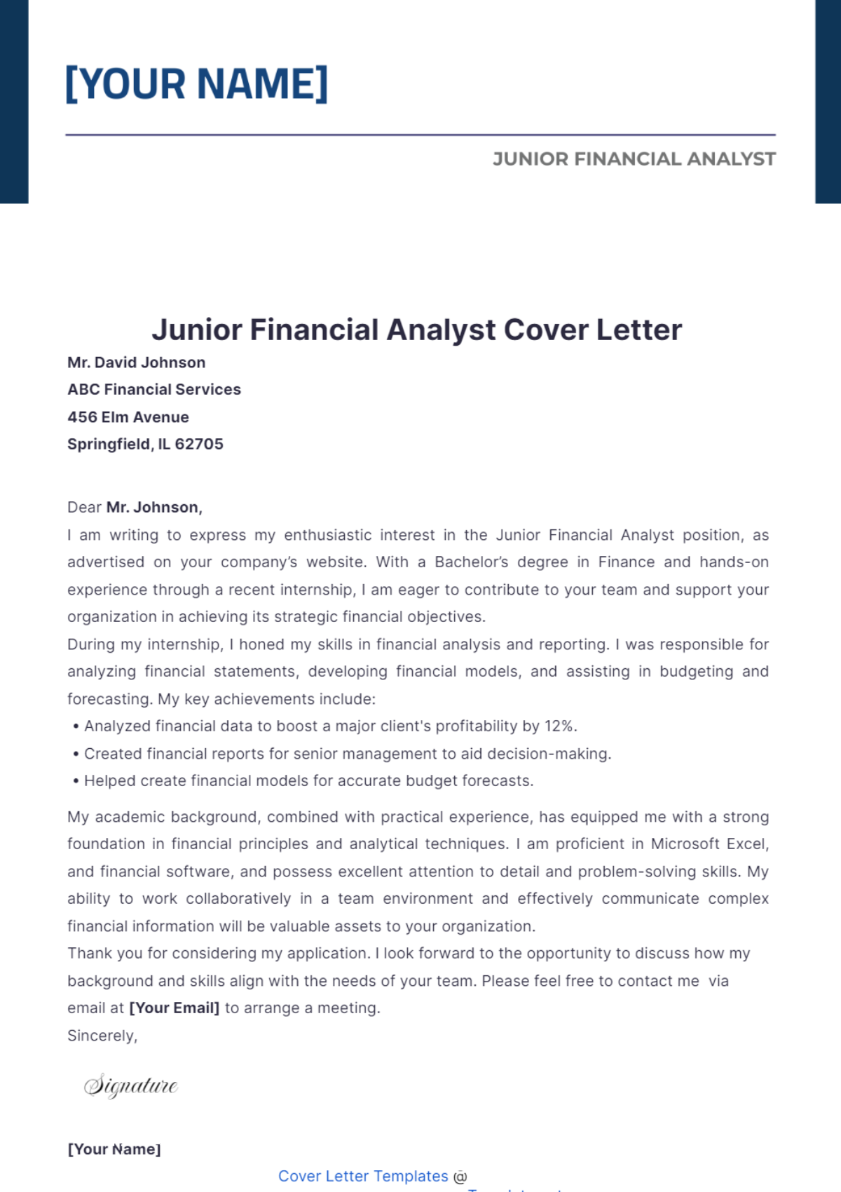 Junior Financial Analyst Cover Letter