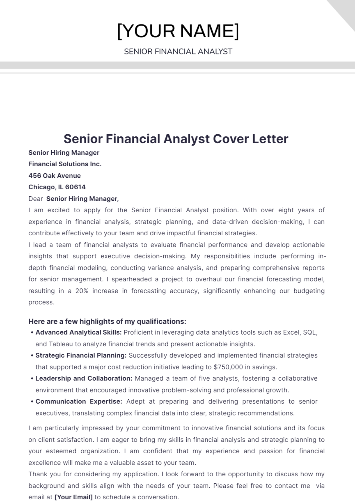 Senior Financial Analyst Cover Letter