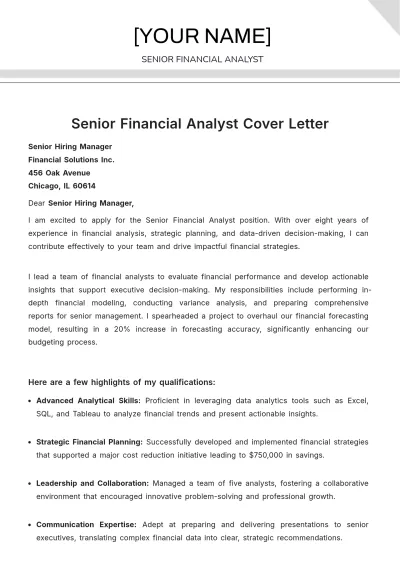 Free Senior Financial Analyst Cover Letter to Edit Online