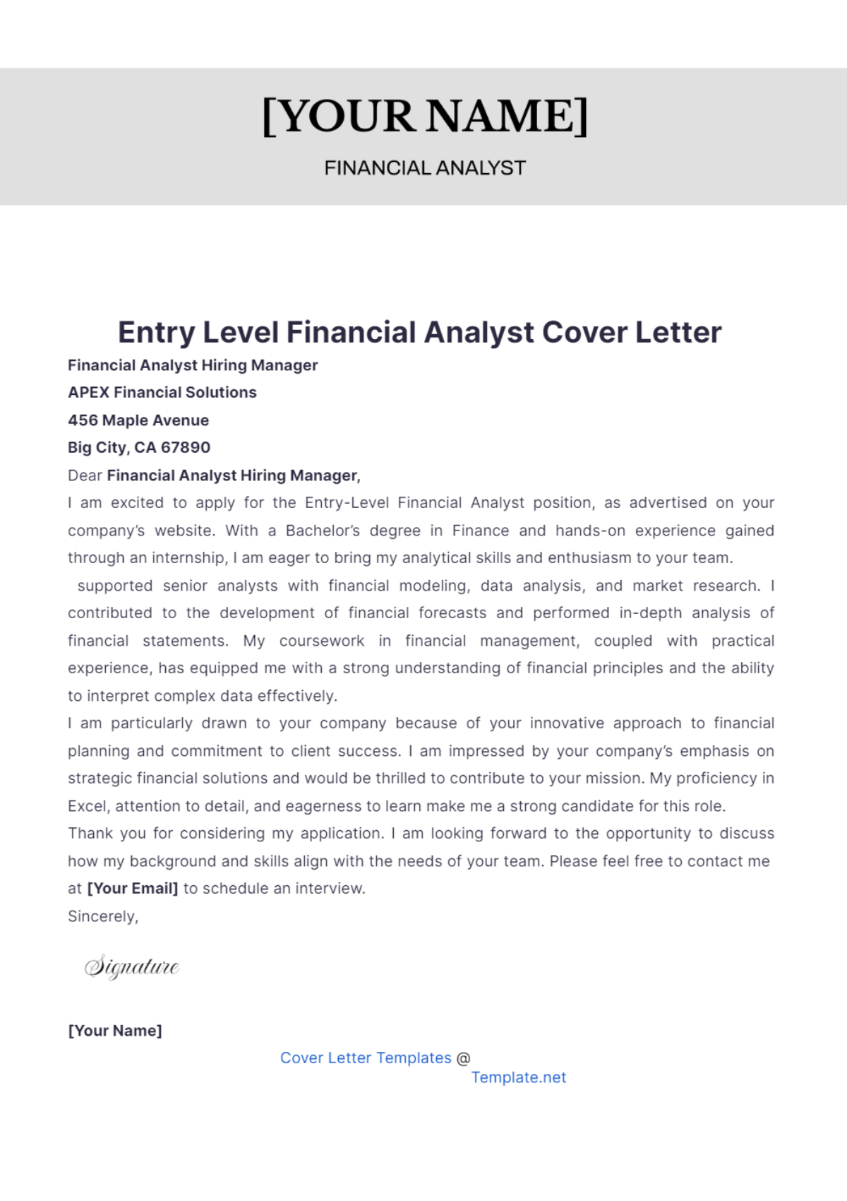 Entry Level Financial Analyst Cover Letter