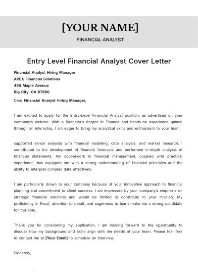 Free Entry Level Financial Analyst Cover Letter to Edit Online