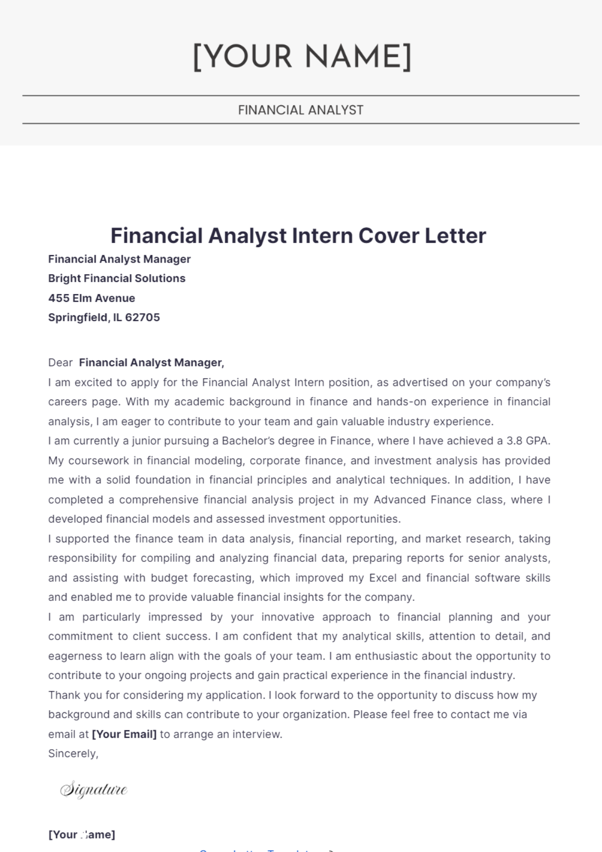 Financial Analyst Intern Cover Letter