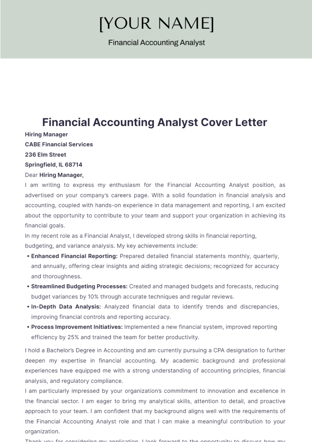 Financial Accounting Analyst Cover Letter