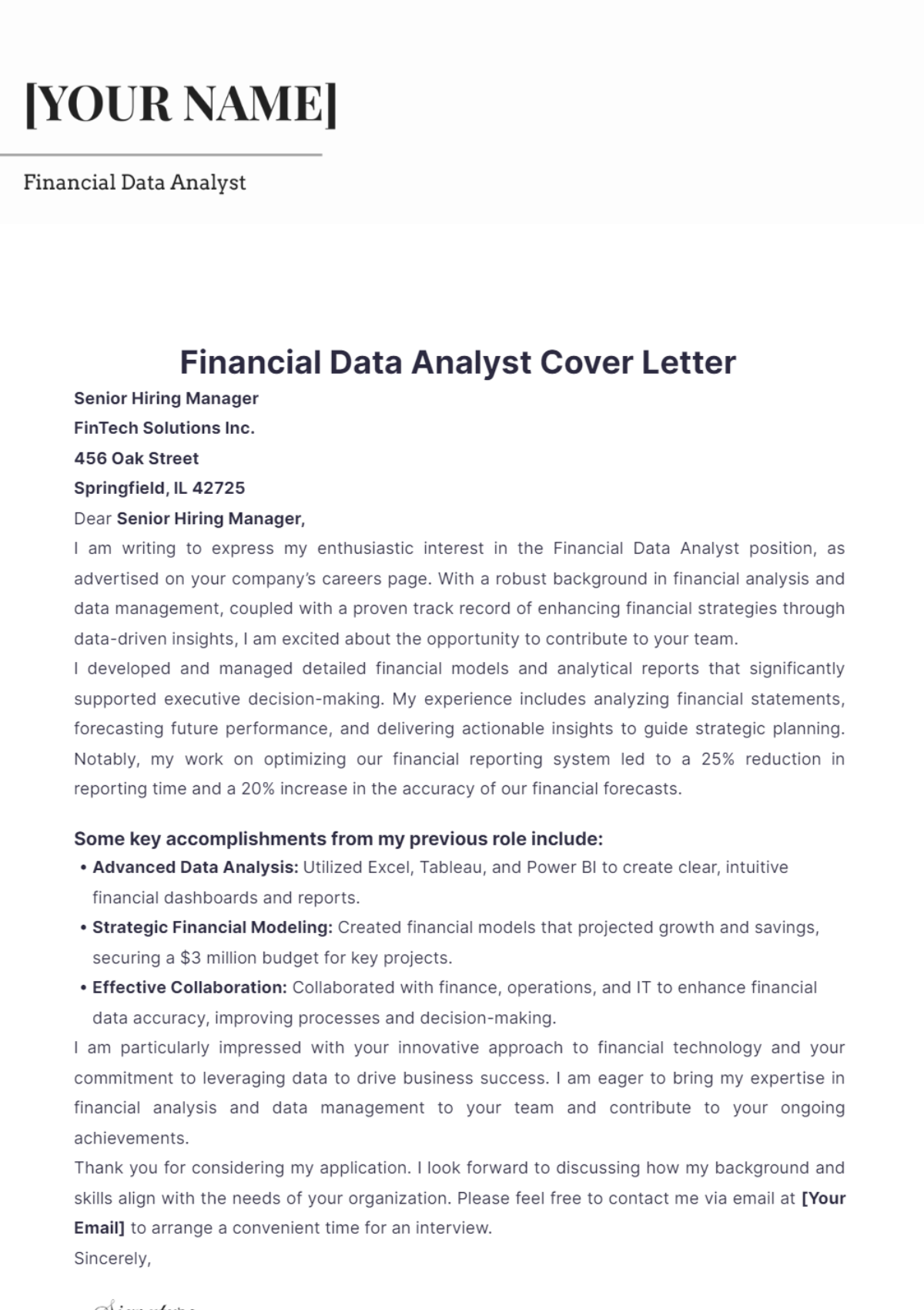 Financial Data Analyst Cover Letter