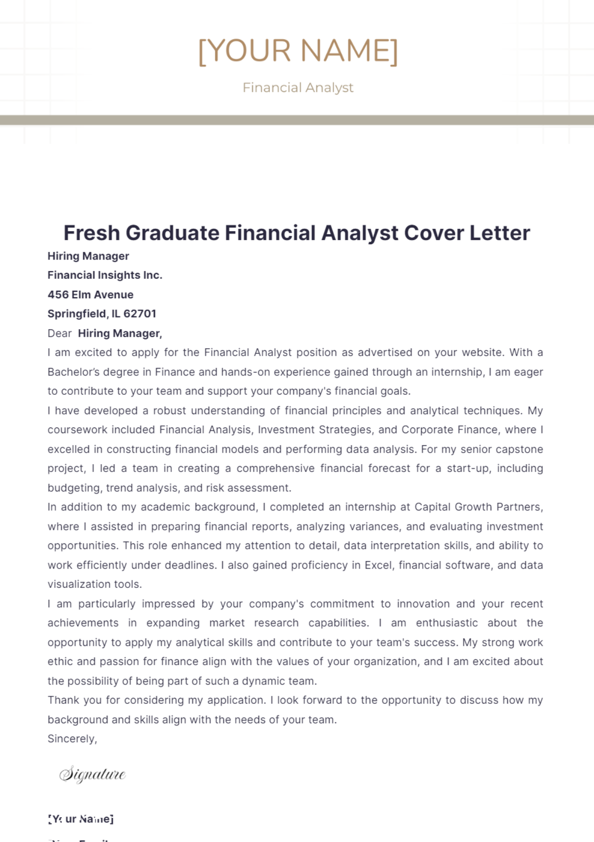 Fresh Graduate Financial Analyst Cover Letter - Edit Online & Download