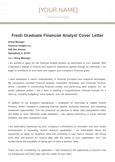 Free Fresh Graduate Financial Analyst Cover Letter to Edit Online