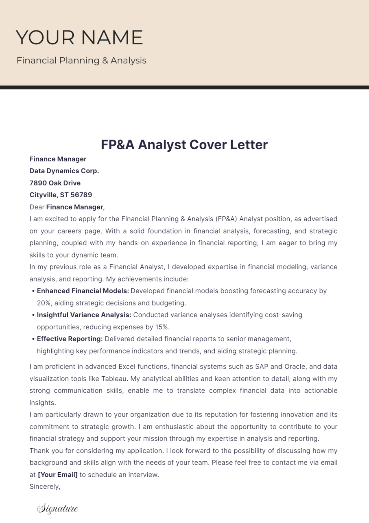 FP&A Analyst Cover Letter - Edit Online & Download