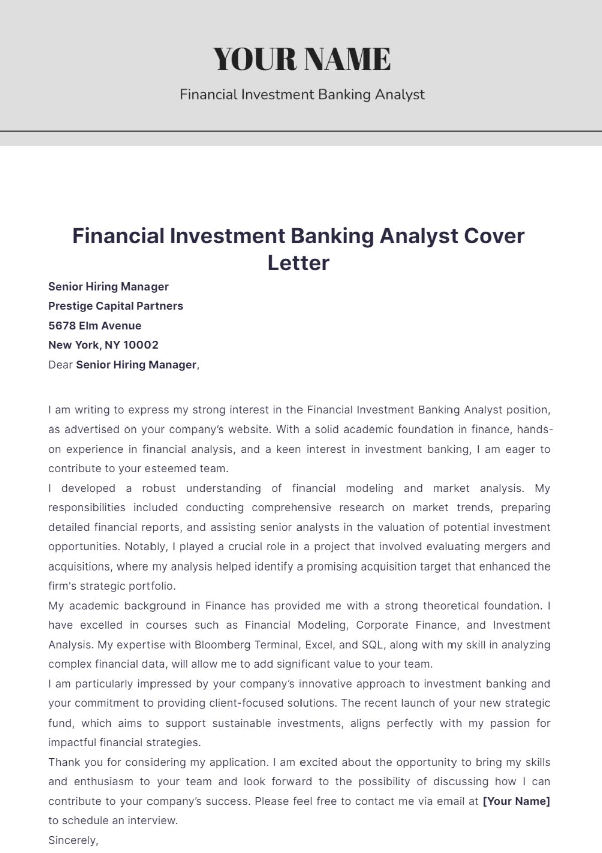 Financial Investment Banking Analyst Cover Letter - Edit Online & Download