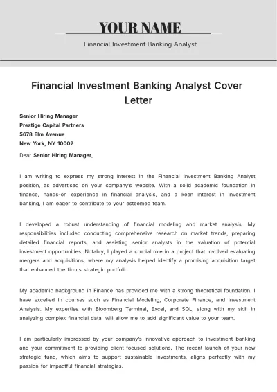 Free Financial Investment Banking Analyst Cover Letter to Edit Online