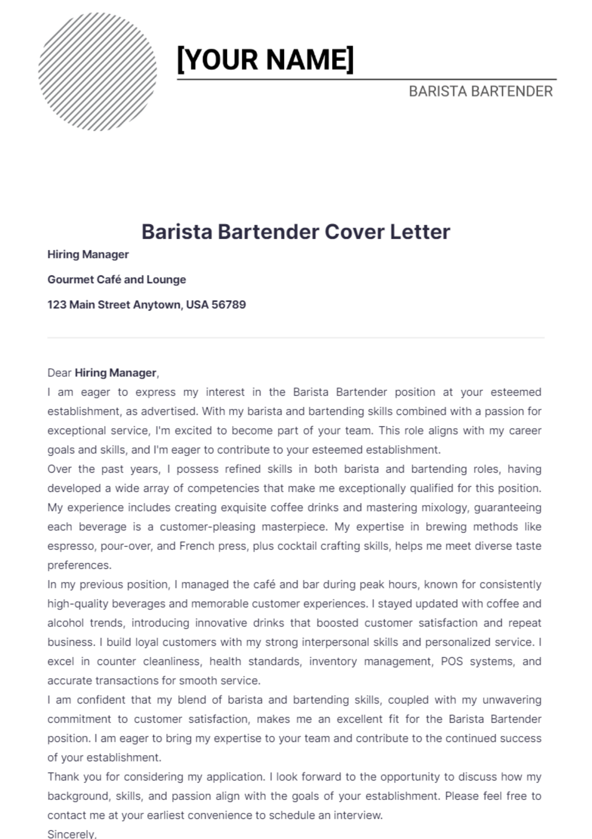 Free Barista Bartender Cover Letter Template