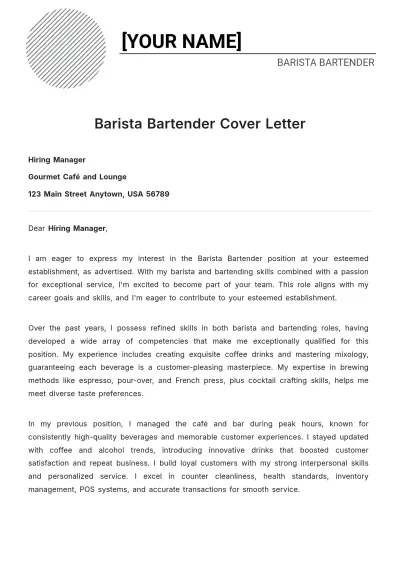 Free Barista Bartender Cover Letter to Edit Online