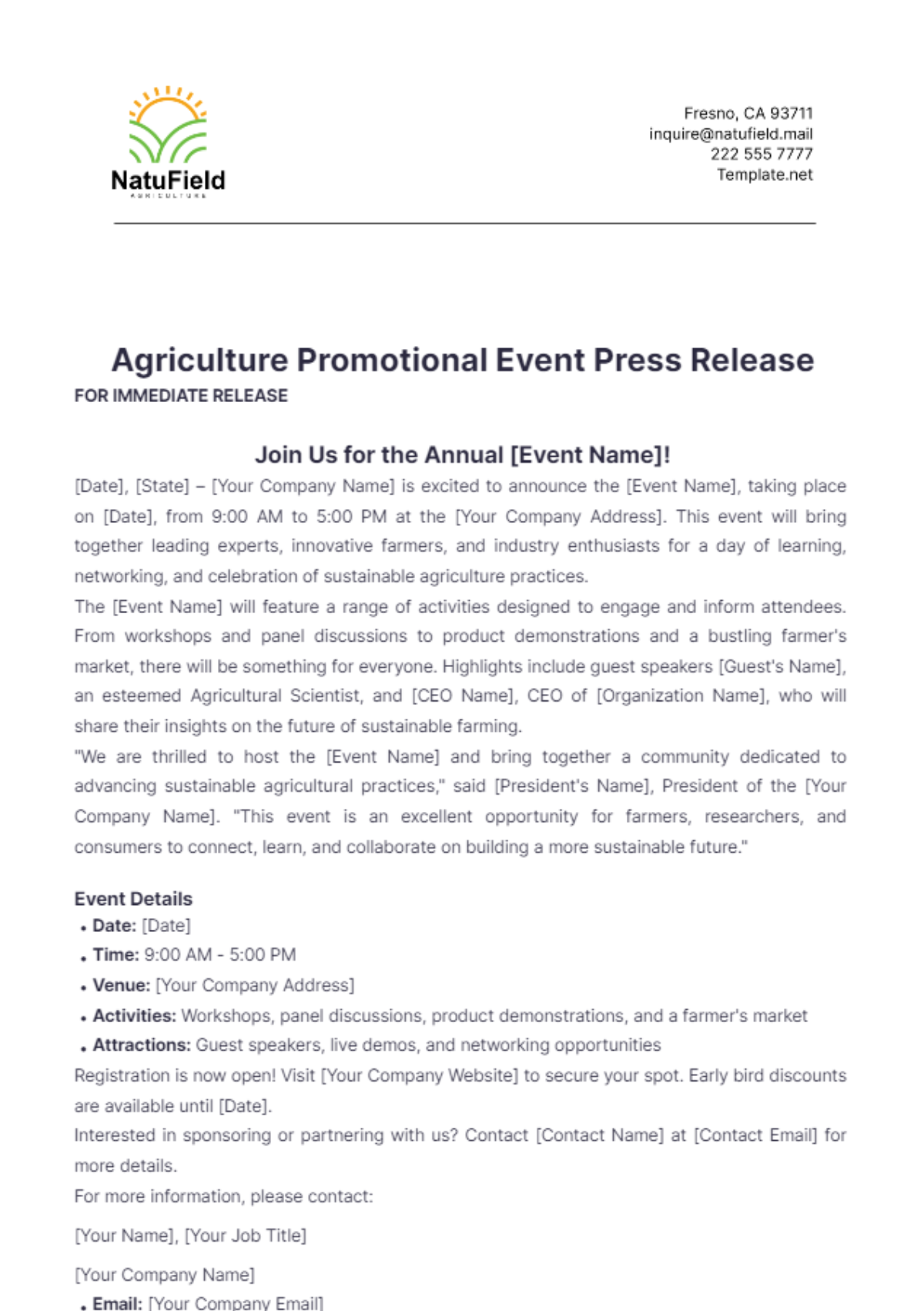 Agriculture Promotional Event Press Release Template - Edit Online & Download