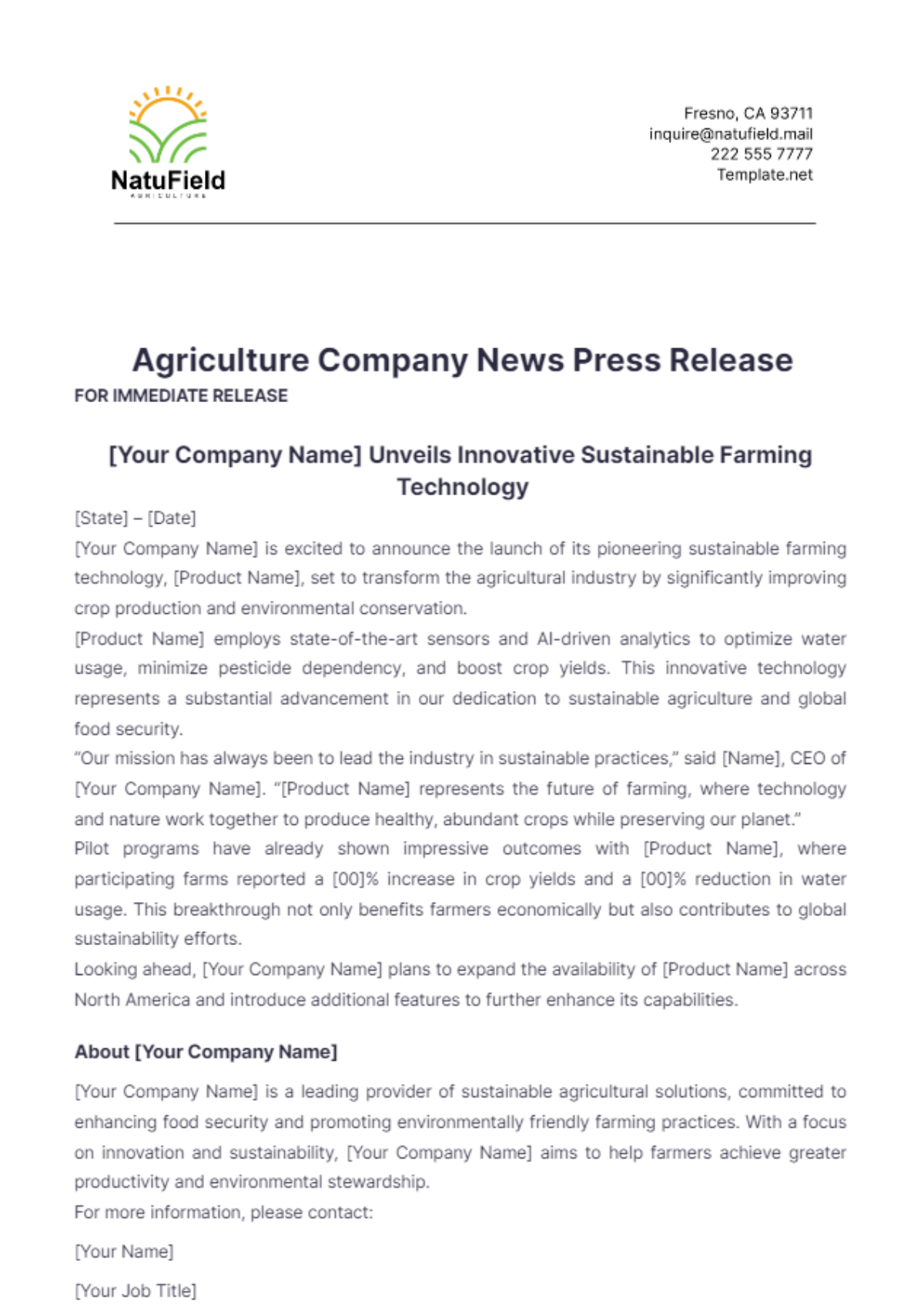 Agriculture Company News Press Release Template