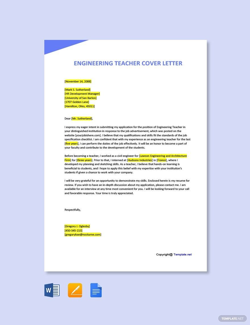 Engineering Teacher Cover Letter Template