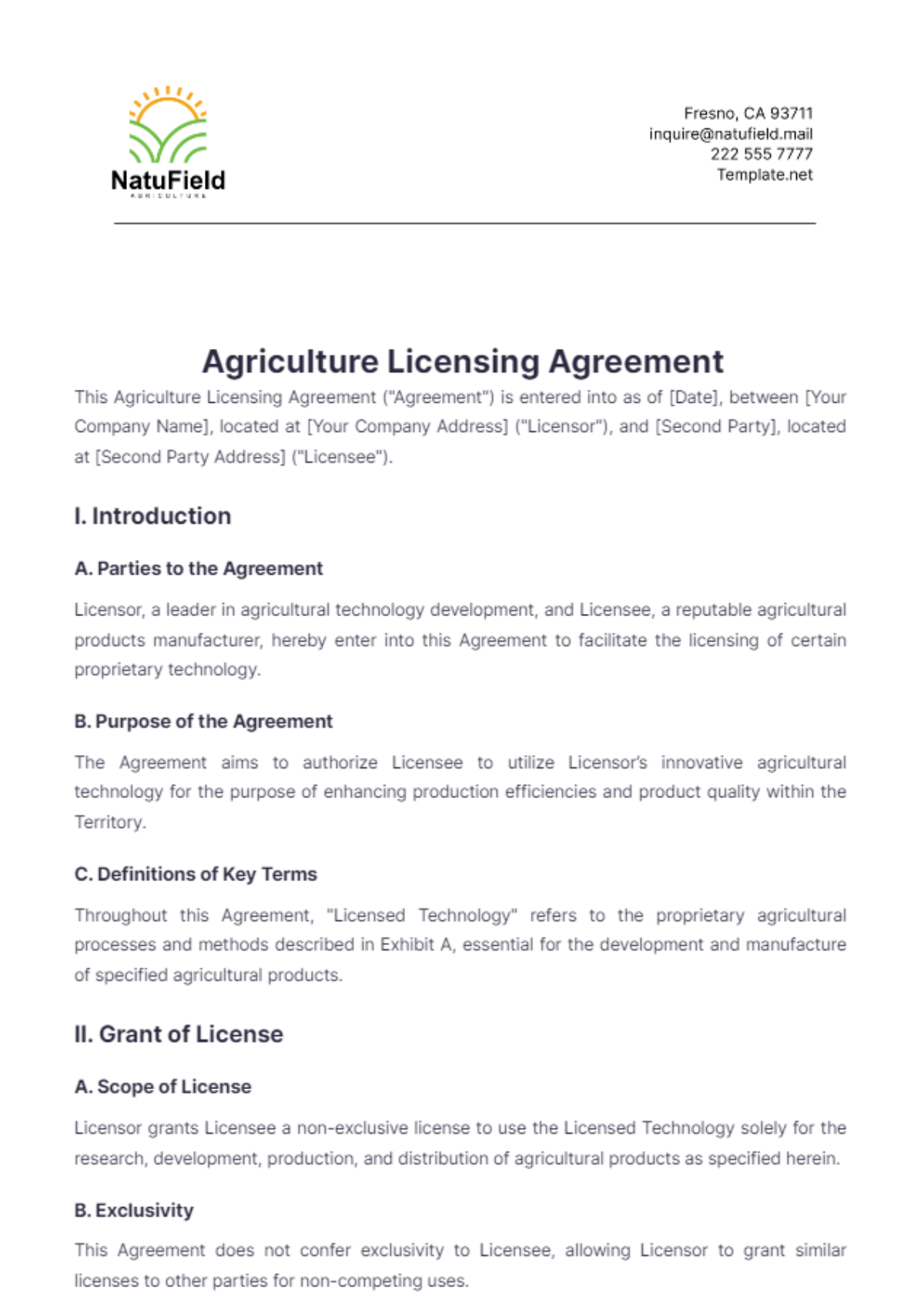 Agriculture Licensing Agreement Template