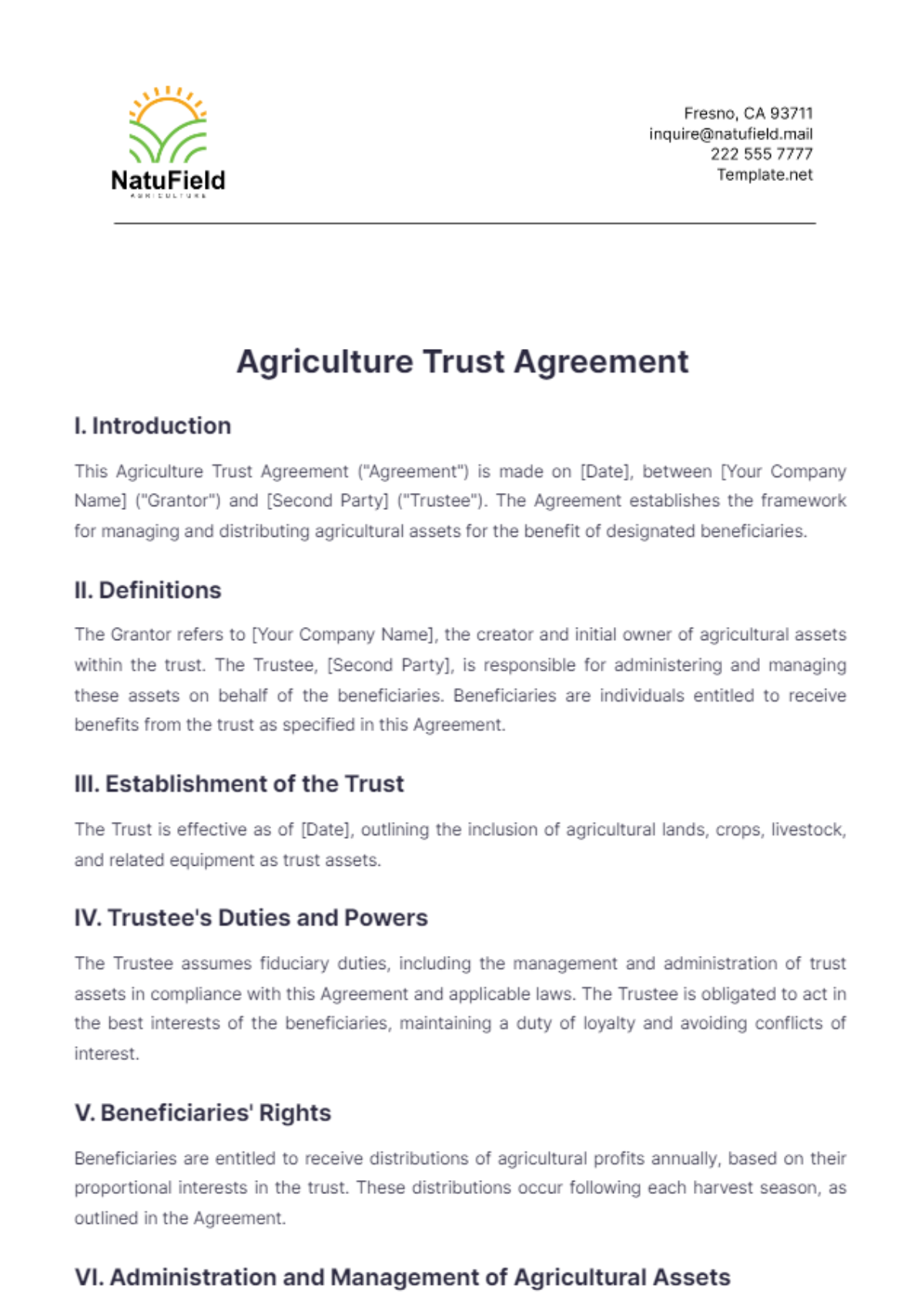 Agriculture Trust Agreement Template - Edit Online & Download