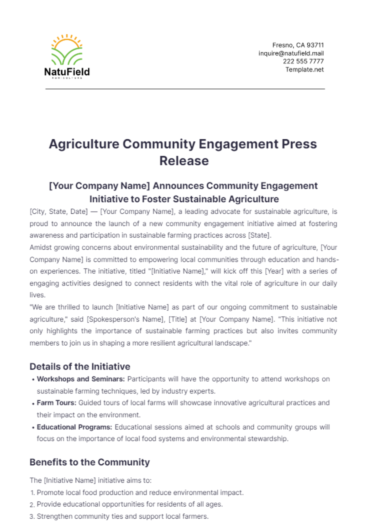 Agriculture Community Engagement Press Release Template