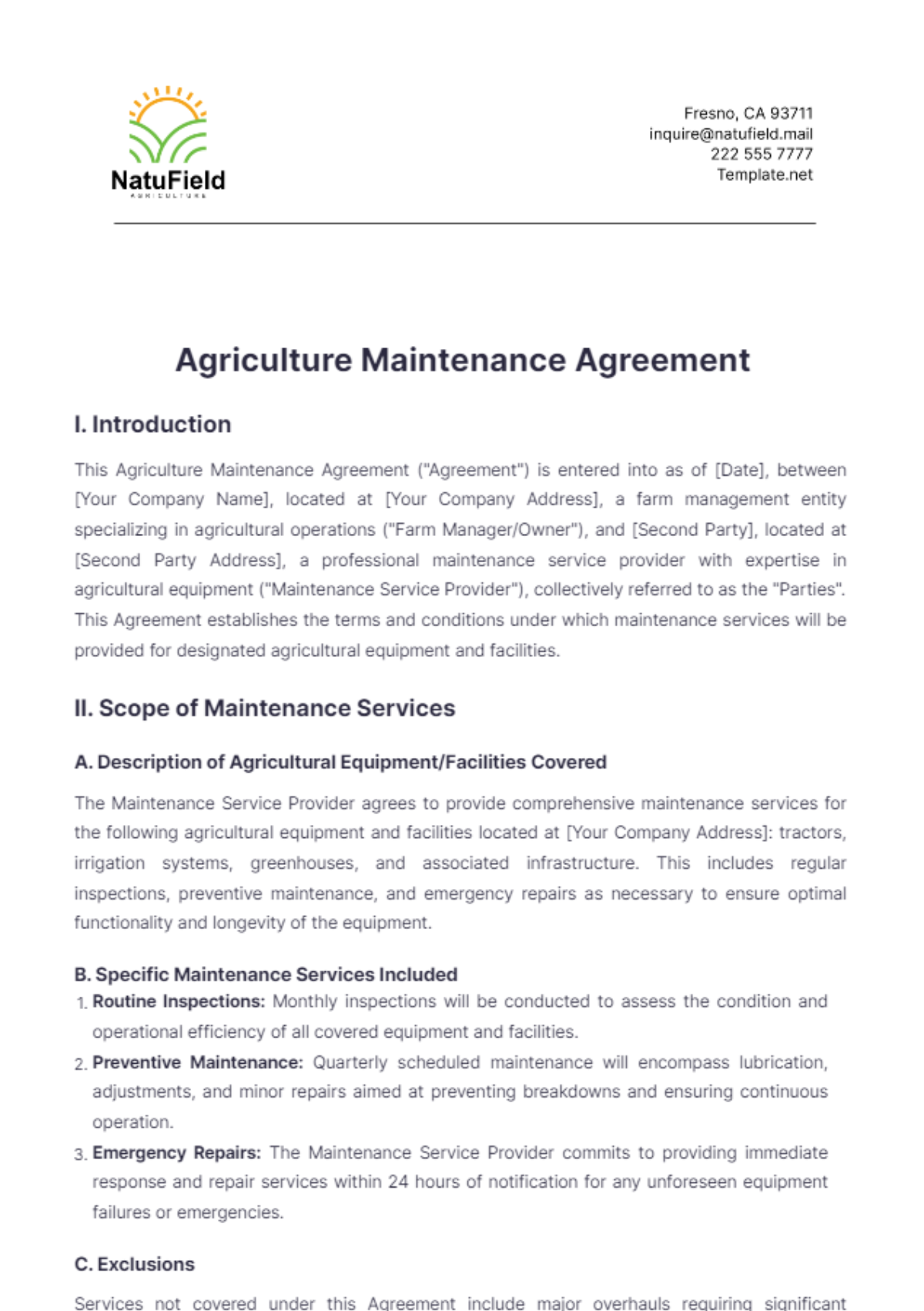 Agriculture Maintenance Agreement Template - Edit Online & Download