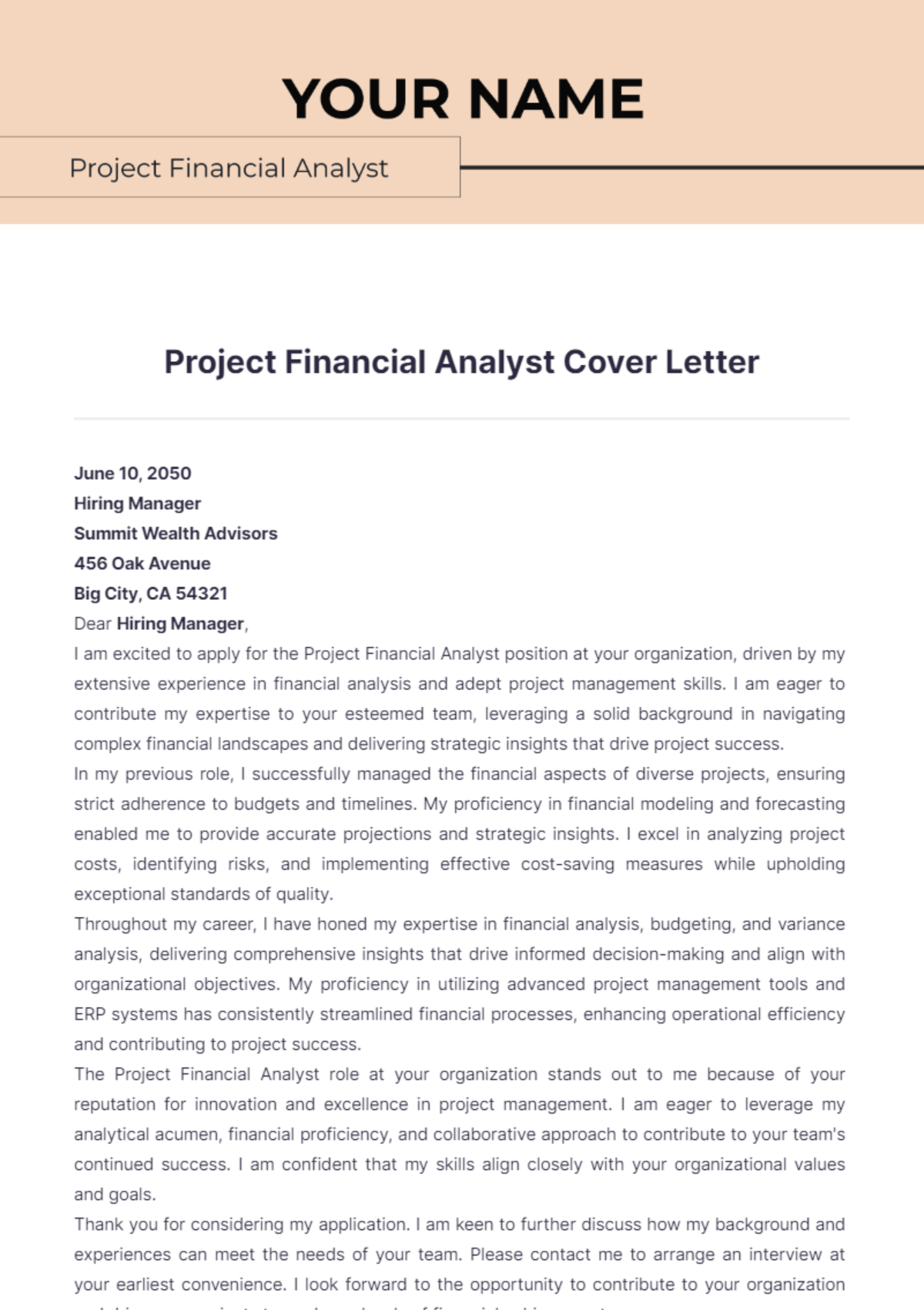 Project Financial Analyst Cover Letter