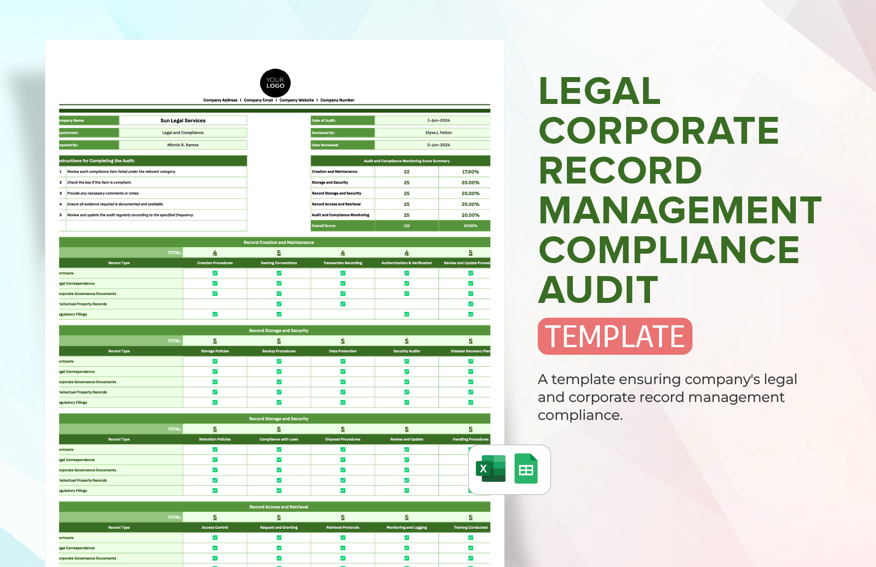 Legal Corporate Record Management Compliance Audit Template in Excel, Google Sheets