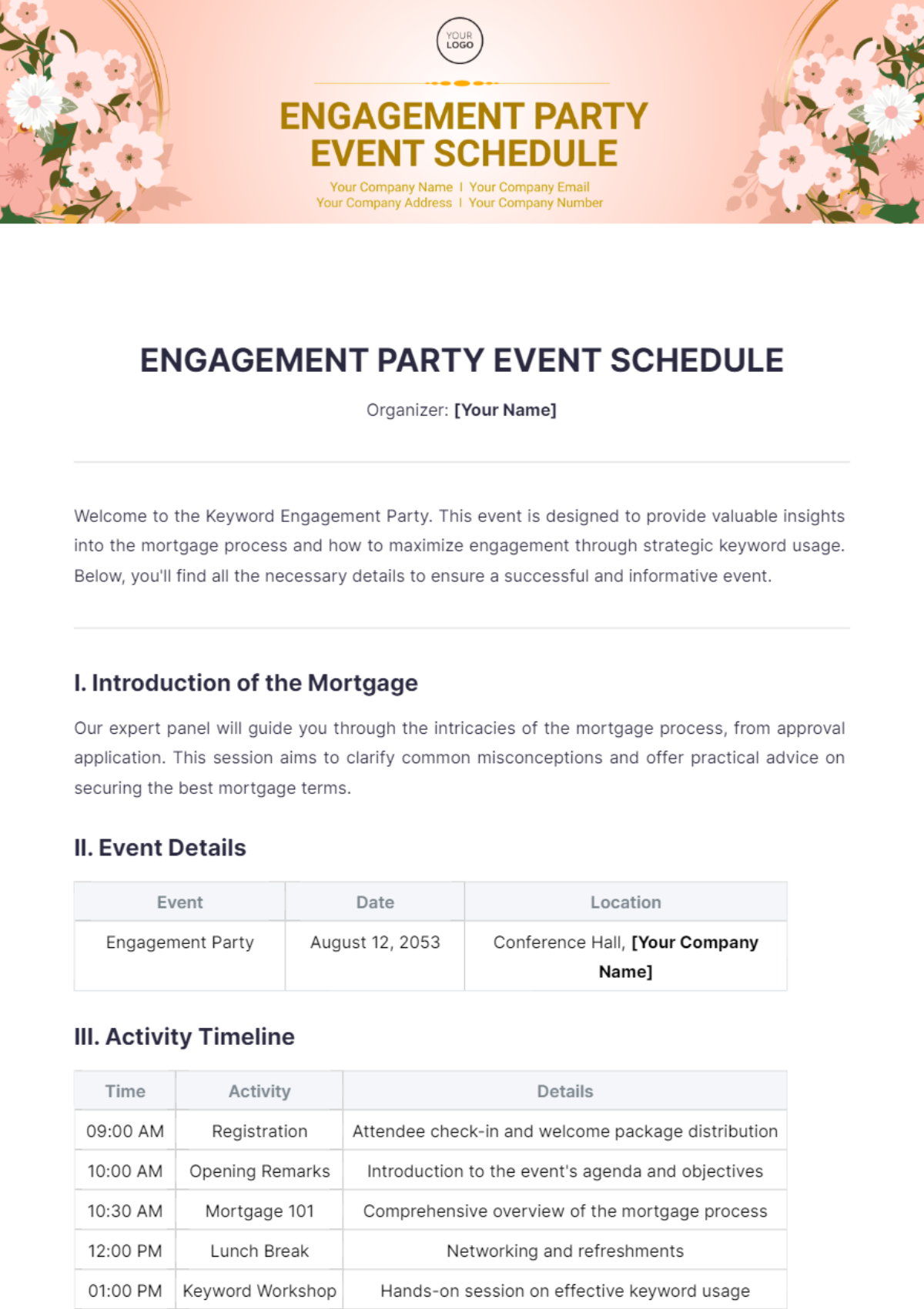 Engagement Party Event Schedule Template - Edit Online & Download