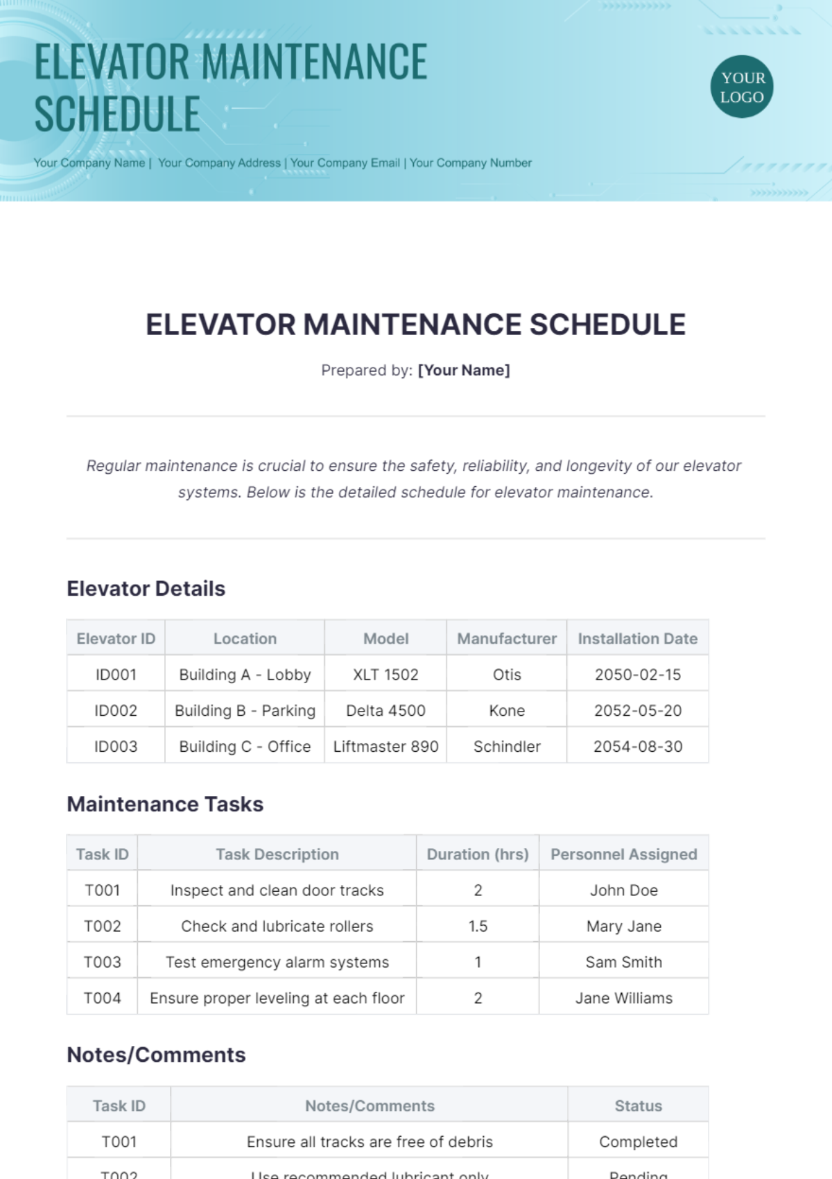 Elevator Maintenance Schedule Template - Edit Online & Download