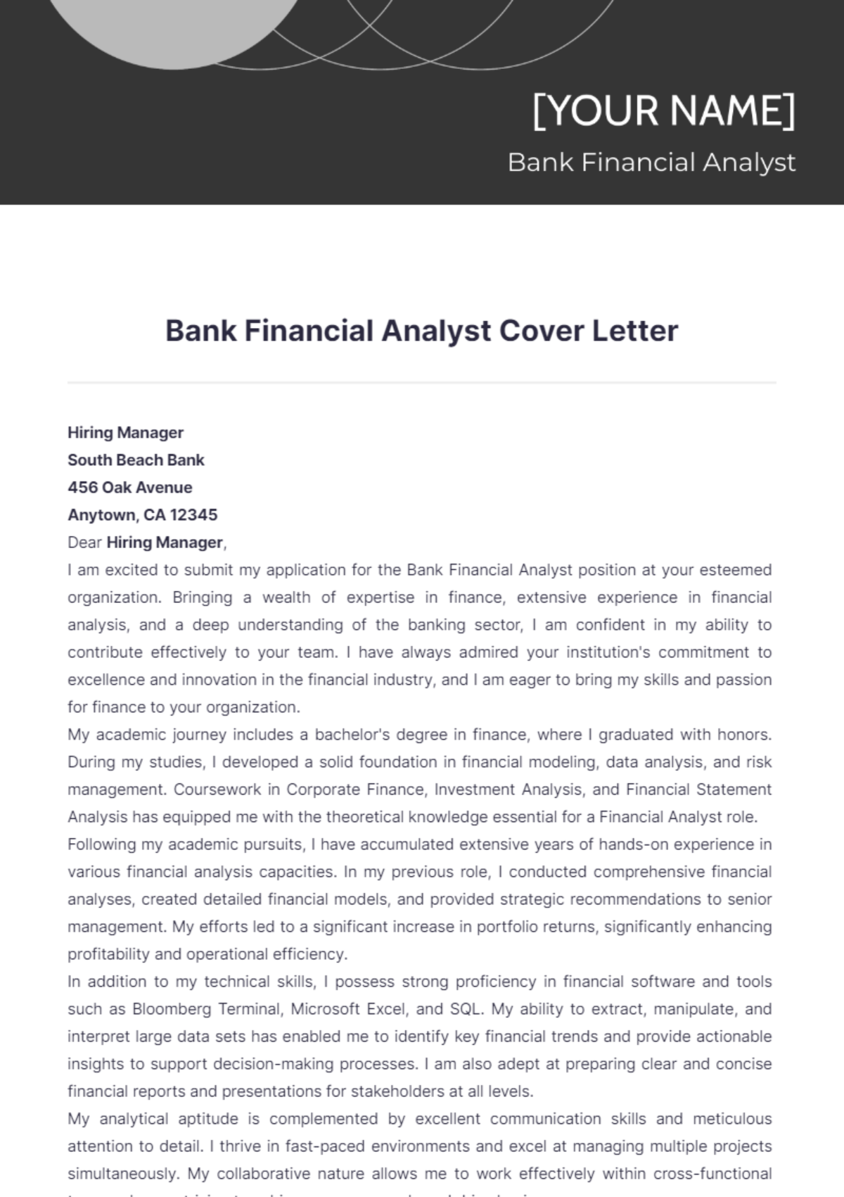 financial analyst internship cover letter