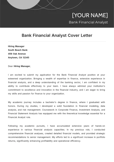 Free Bank Financial Analyst Cover Letter to Edit Online