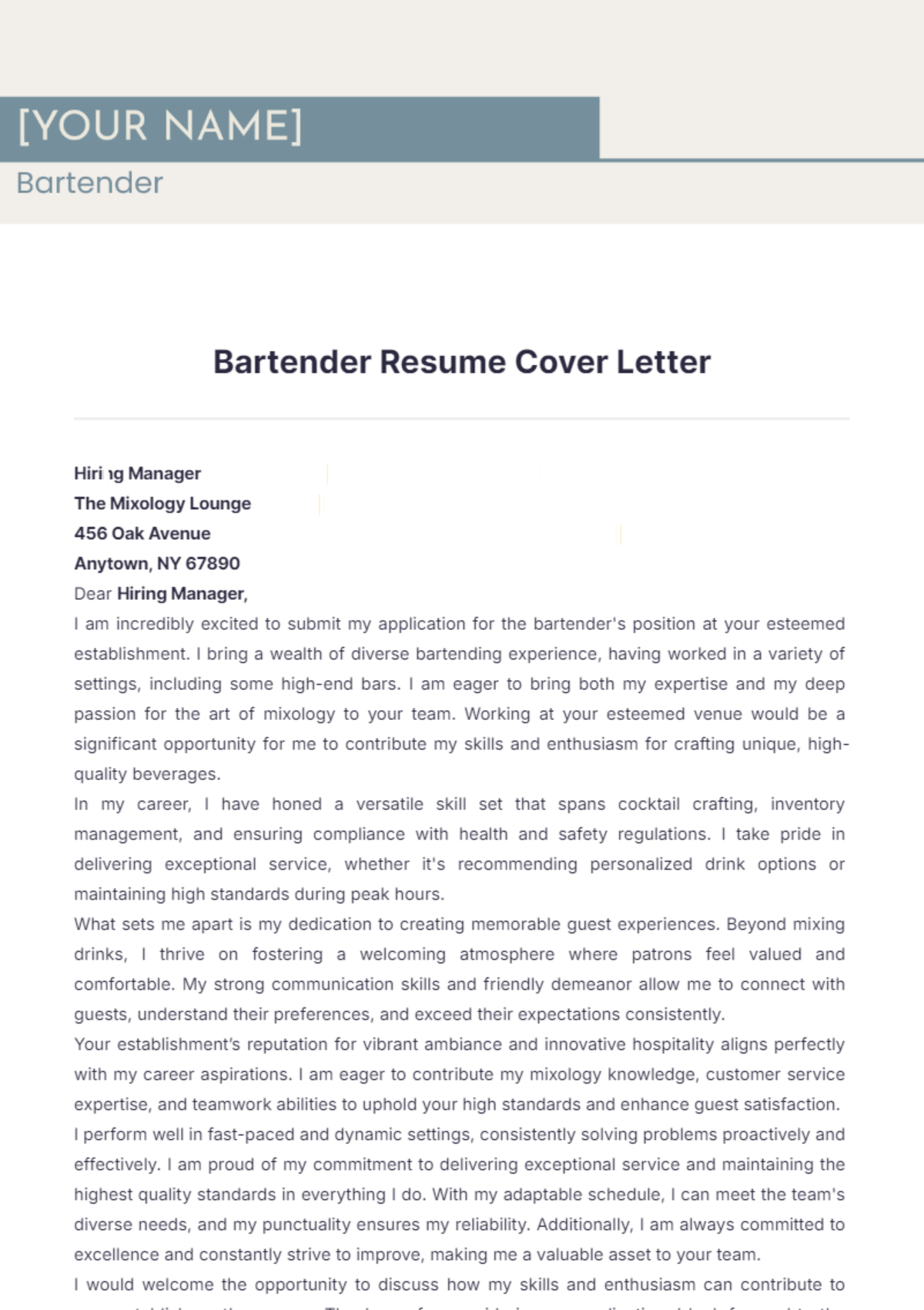 Bartender Resume Cover Letter