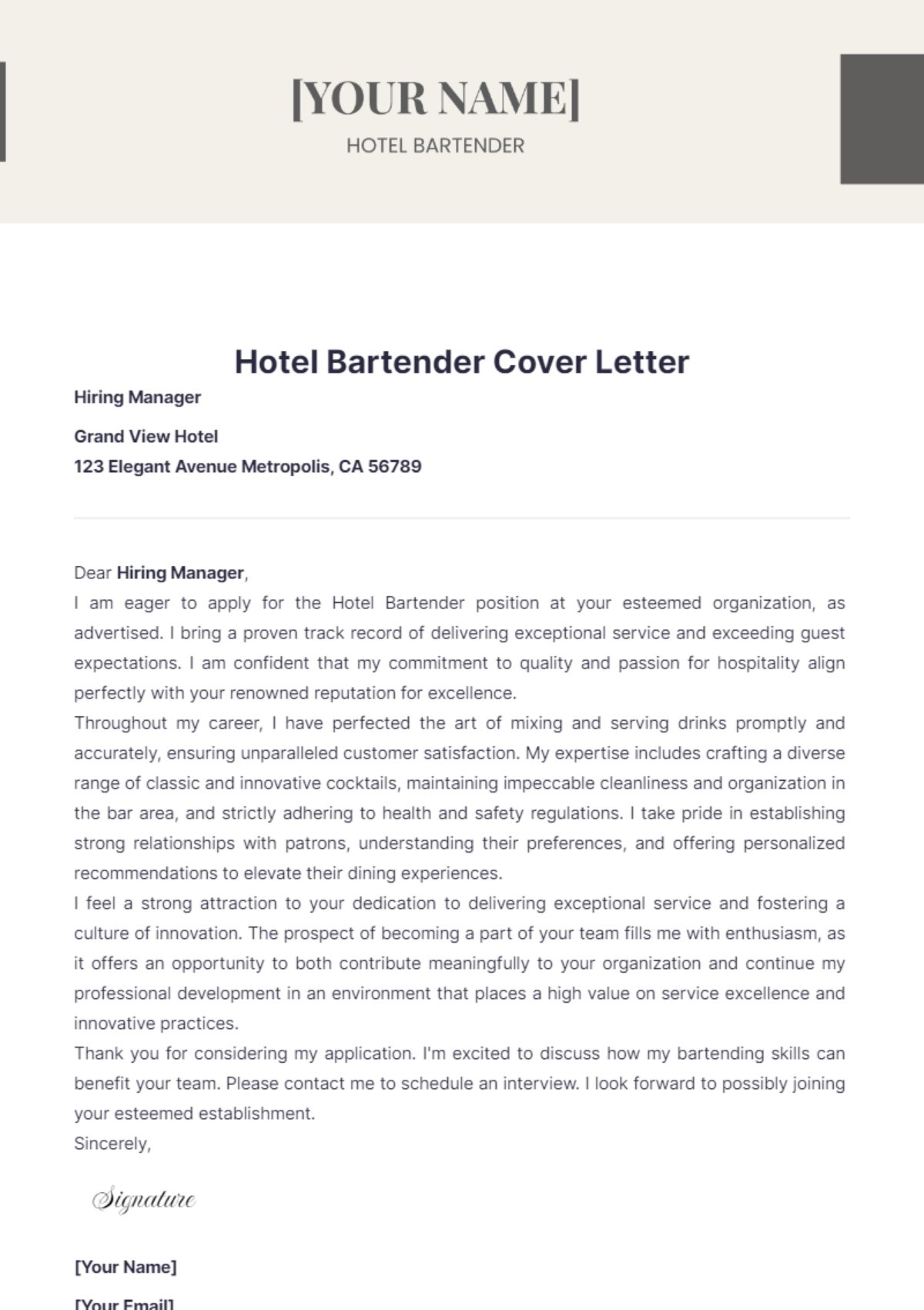 Hotel Bartender Cover Letter