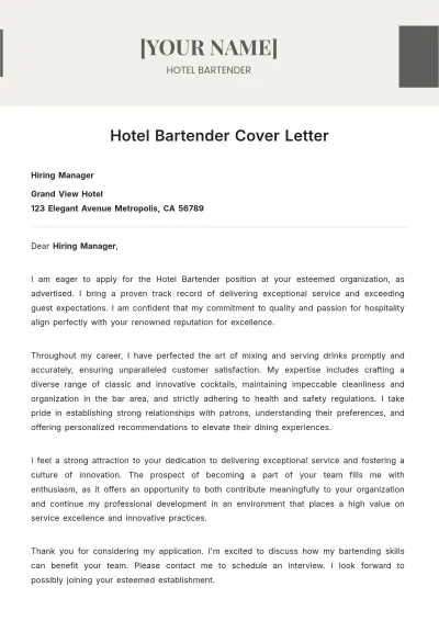 Free Hotel Bartender Cover Letter to Edit Online