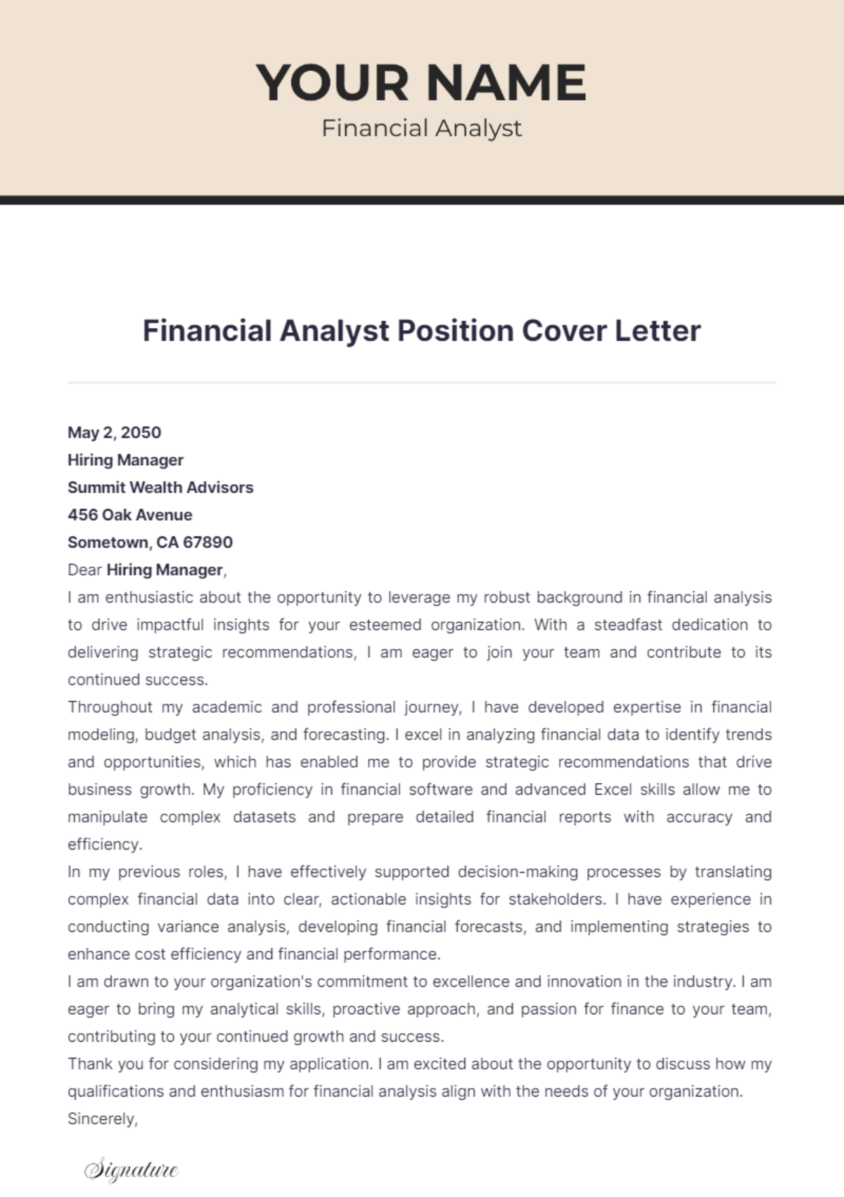 Financial Analyst position Cover Letter