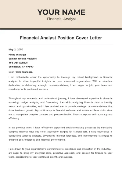 Free Financial Analyst position Cover Letter to Edit Online