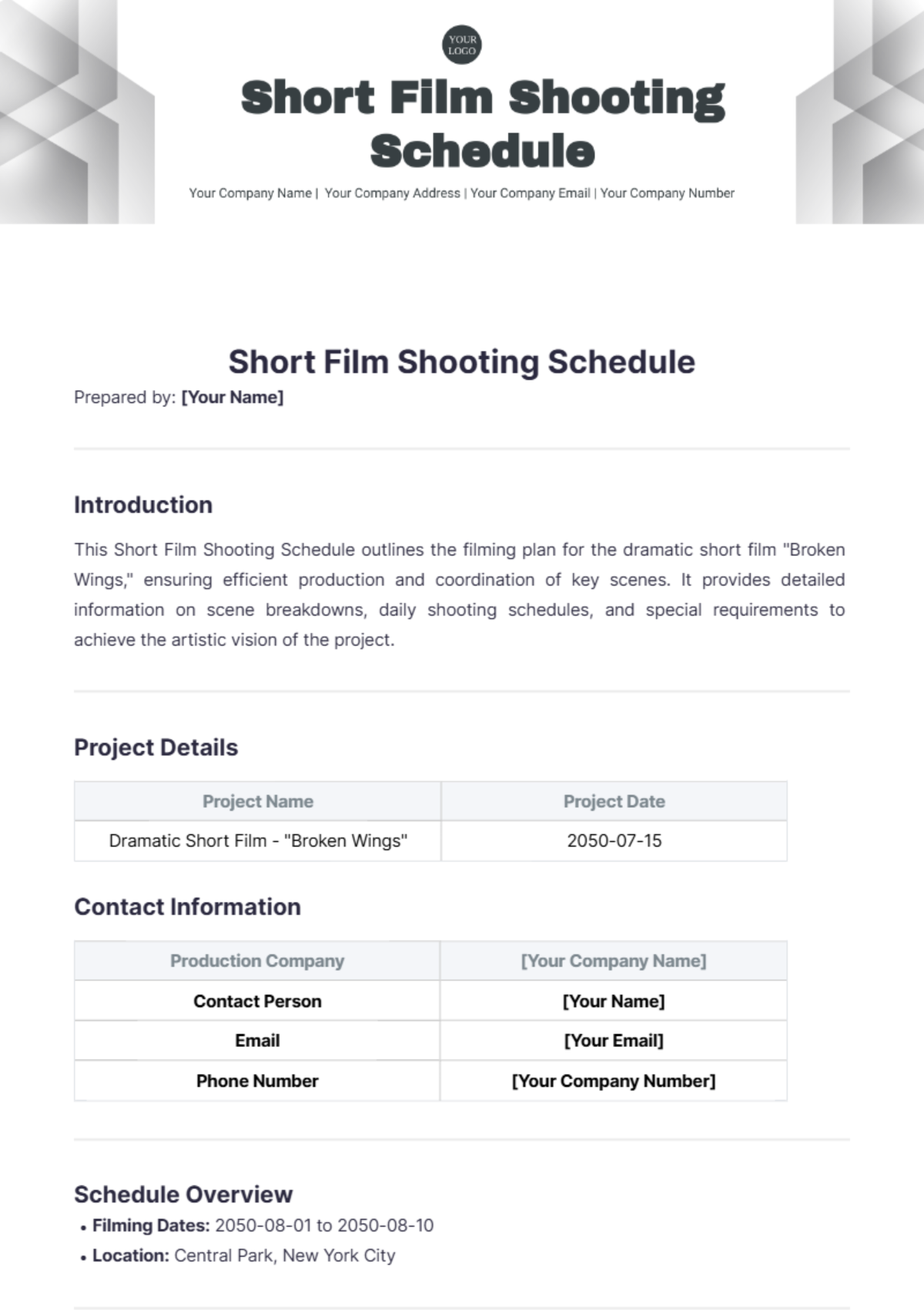 Short Film Shooting Schedule Template - Edit Online & Download