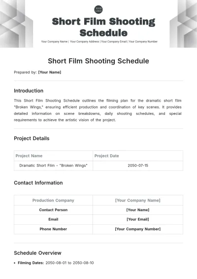 Free Short Film Shooting Schedule Template to Edit Online
