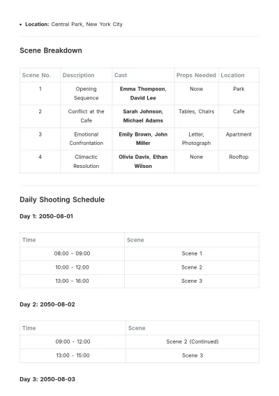 Free Short Film Shooting Schedule Template to Edit Online